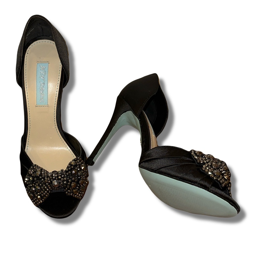 Betsey Johnson Black GOWN Rhinestone Bow Peep Toe Heels 6 1/2 ( 6.5 ) NEW w/ Box